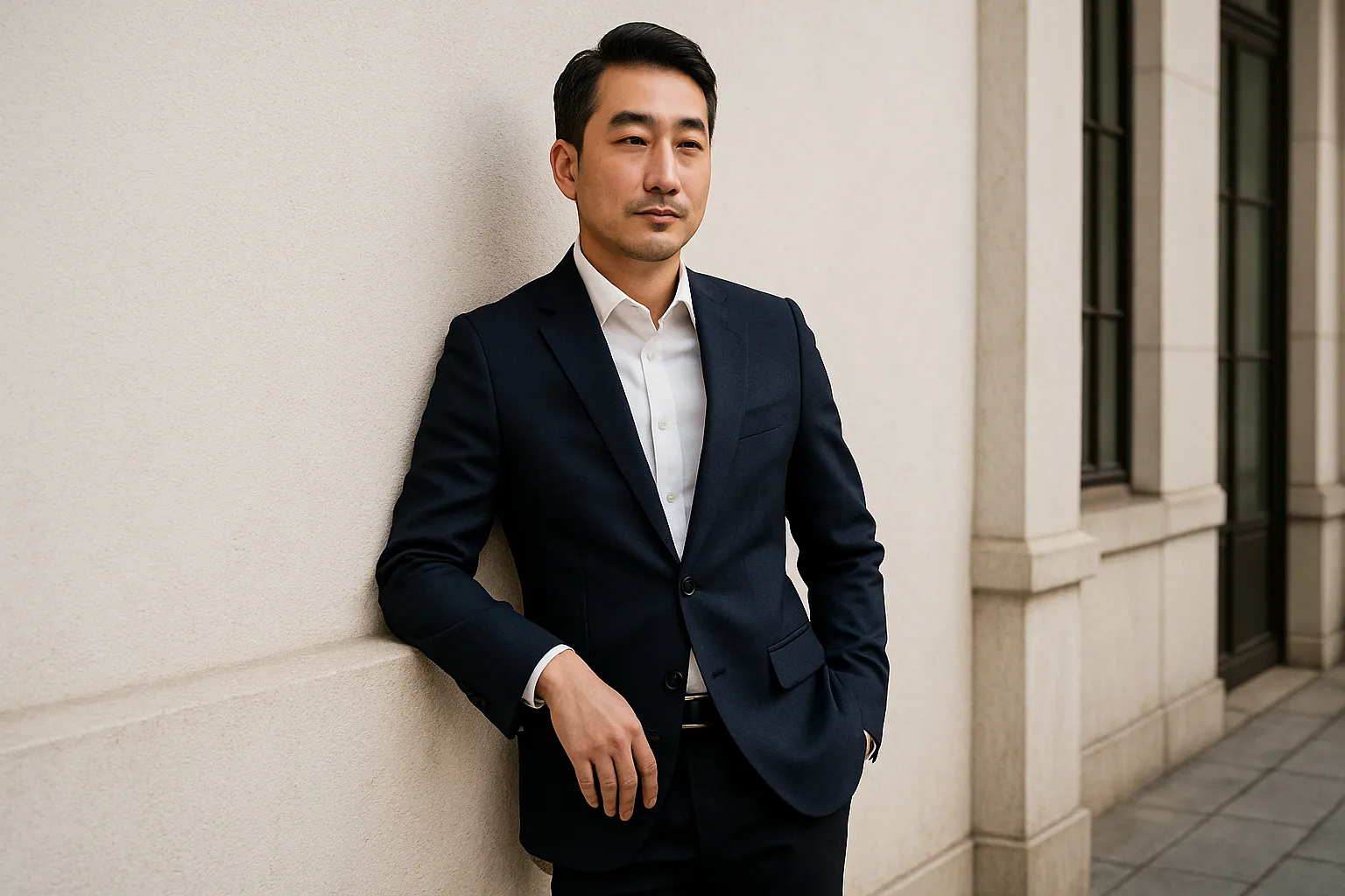 让模特靠着身边的墙壁或栏杆站立